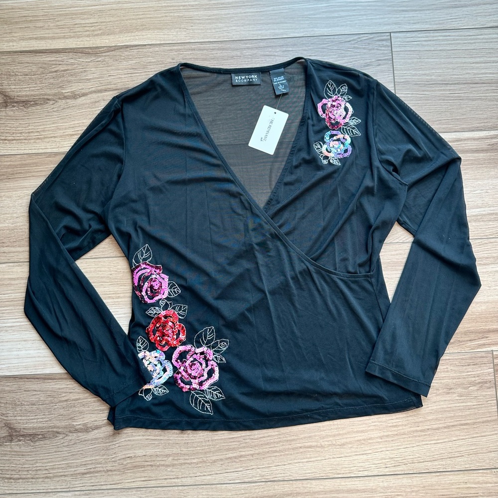 Vintage Y2K Fairy New York & Company Black Mesh Wrap Blouse with Pink Sequins - Picture 3 of 13